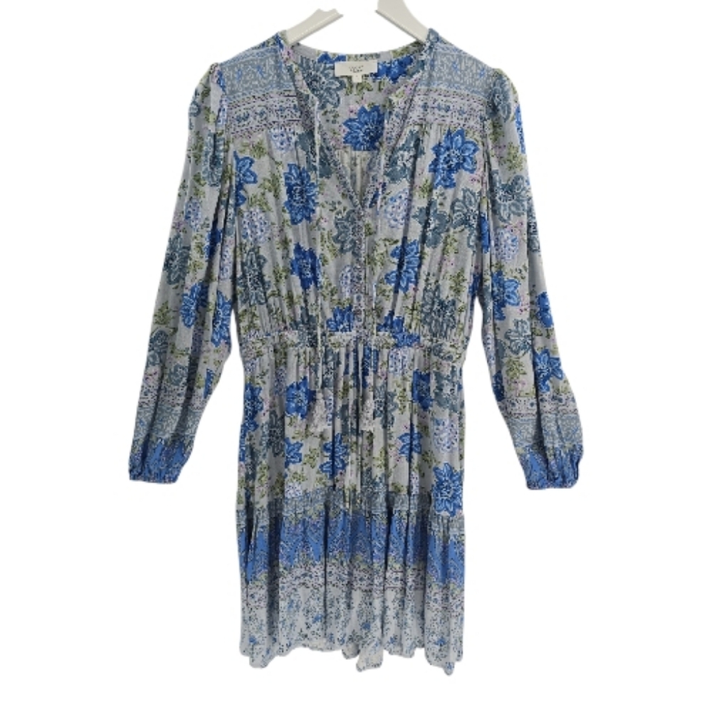 Lucky Brand Blue Floral Tiered Boho Dress Size Large Long Sleeves V Neck - Picture 2 of 9